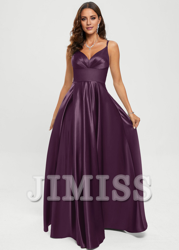 A-line V-neck floor-length satin prom dress