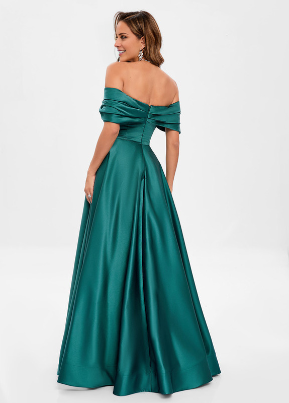 A-line pleated off-the-shoulder floor-length satin prom dress