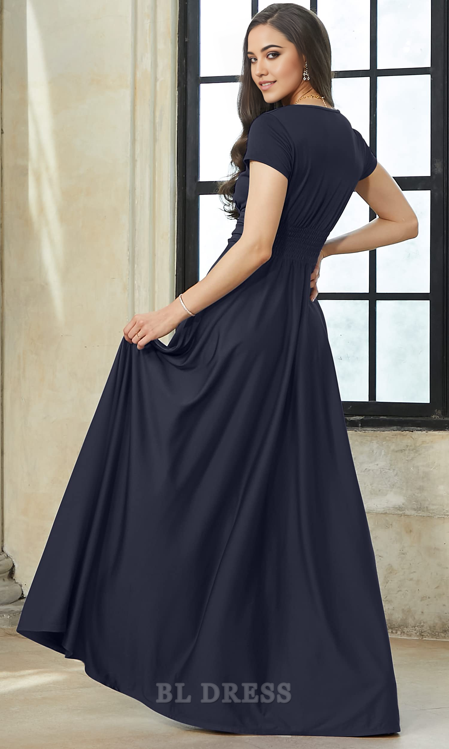 A-line V-Neck Sexy Cap Short Sleeve formal dresses evening gown Bridesmaid Dresses