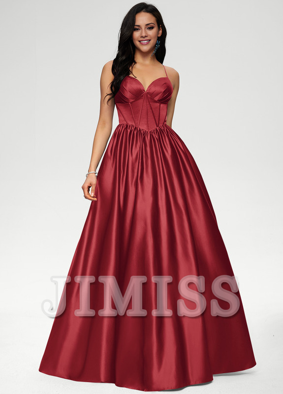 Ball-Gown/Princess V-neck pleated floor-length satin prom dress