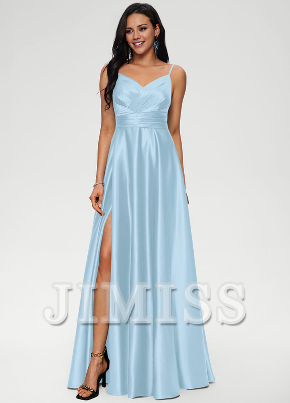 A-line V-neck floor-length satin prom dress