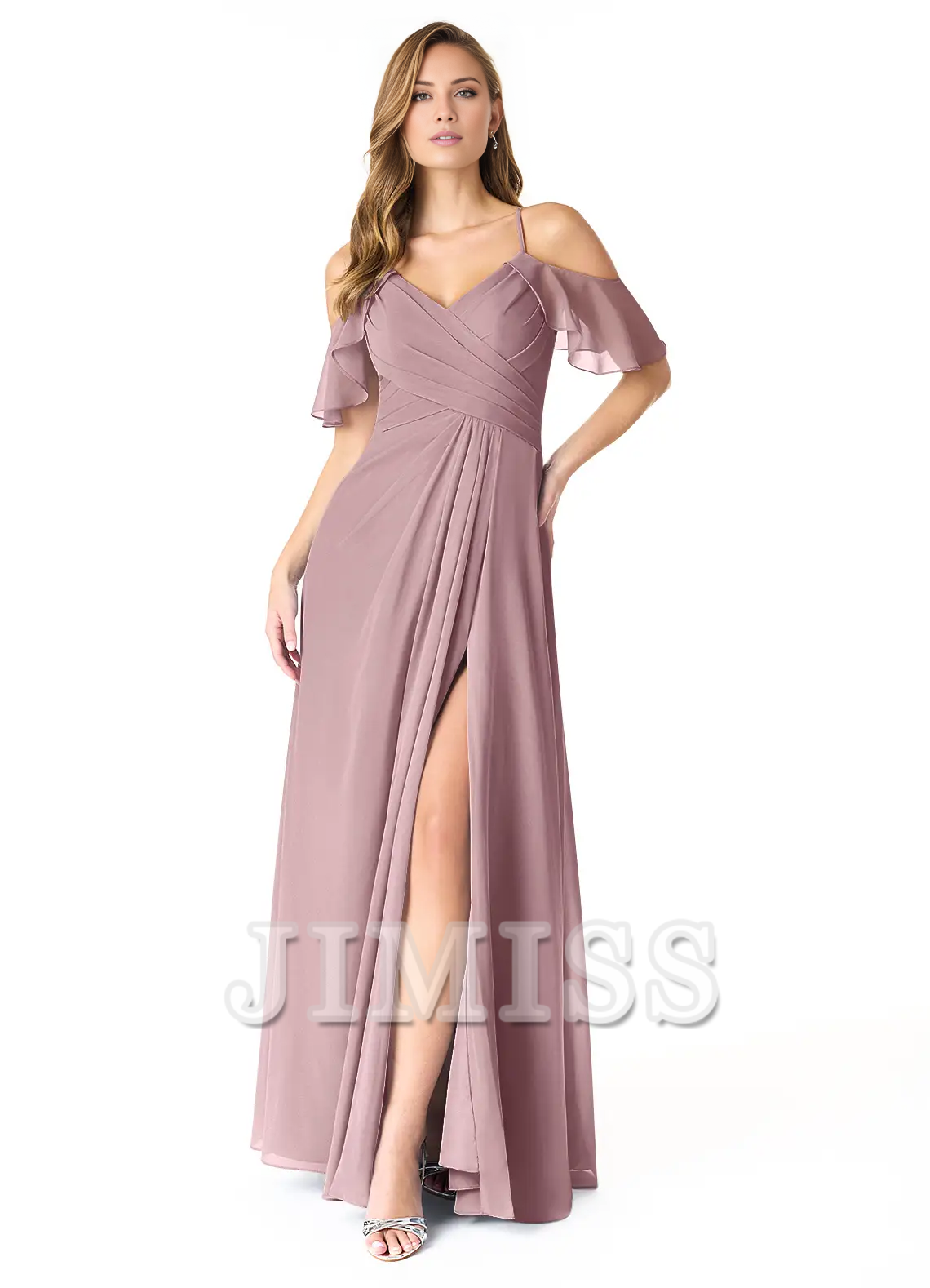 A-line V-neck pleated chiffon side slit and floor length bridesmaid dress - Jimiss Dress