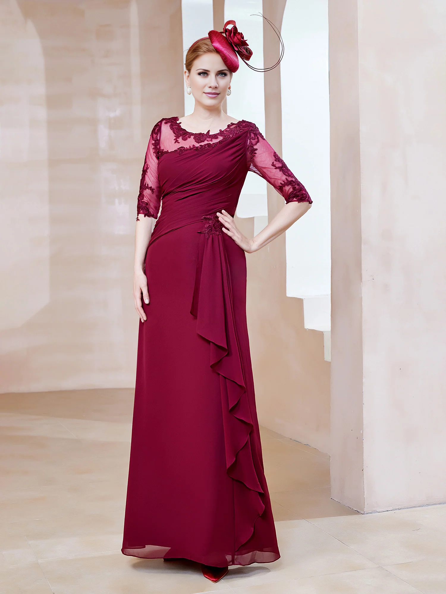 Low round lace neckline with ruffled edges, tight fitting mother of the bride dress
