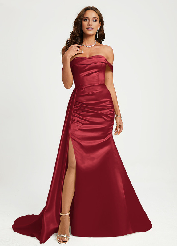 Trumpet/Mermaid Off-the-shoulder Floor-Sweeping Train Satin Prom Dress