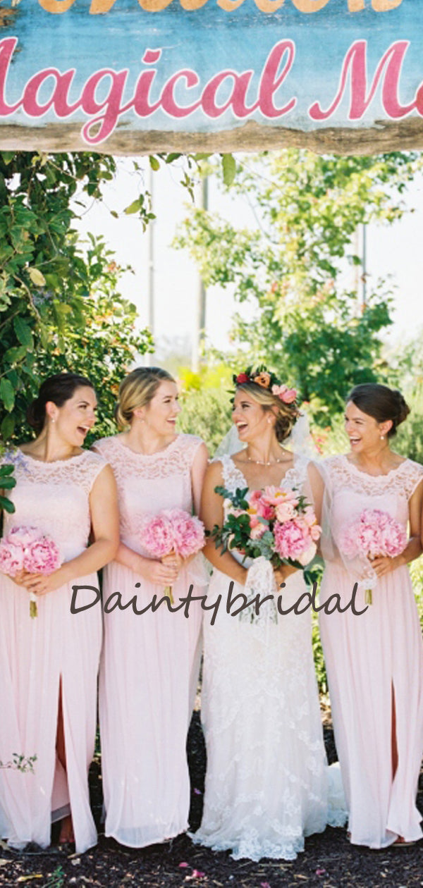 Elegant Simple Scoop Neck Sleeveless Side Slit Lace Chiffon Wedding Party Dresses Long Bridesmaid Dresses.DB10702