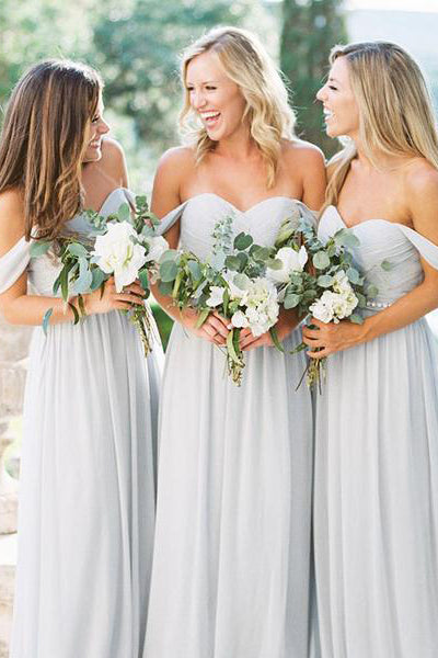 Off the Shoulder Light Grey Chiffon Long Bridesmaid Dress