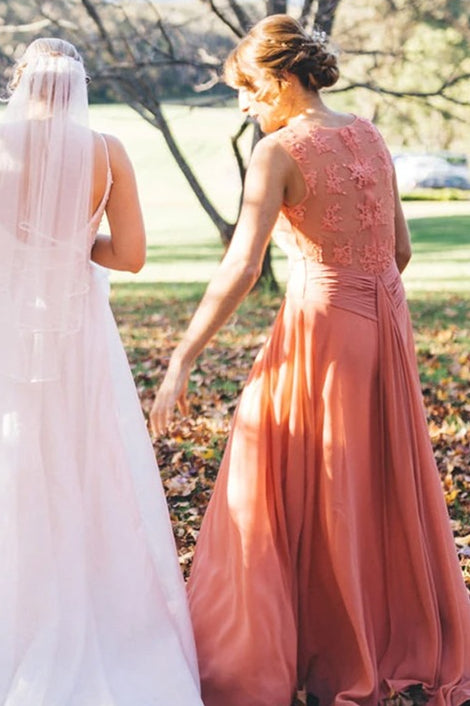 Long A-line Peach Bridesmaid Dress with Lace Appliques