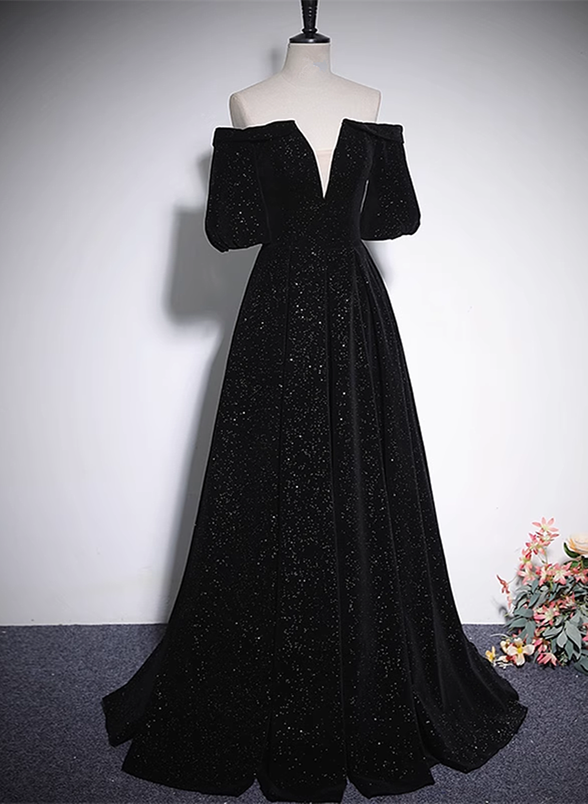 Black V-neckline Velvet Off Shoulder Party Dress, A-line Black Prom Dress Evening Dress