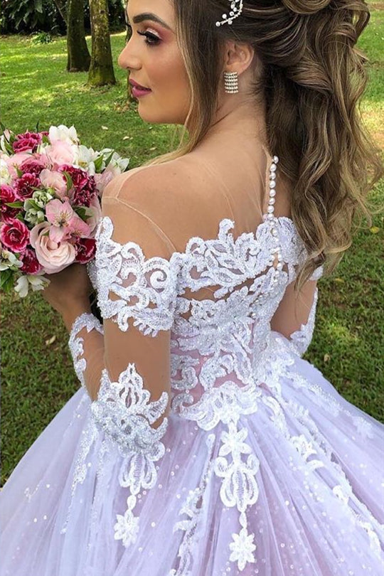 Princess Long Sleeves Illusion Neck A-line Pink Wedding Dress with Lace