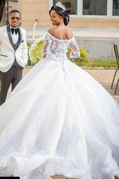 Princess Long Off Shoulder A-line White Wedding Dress with Appliques