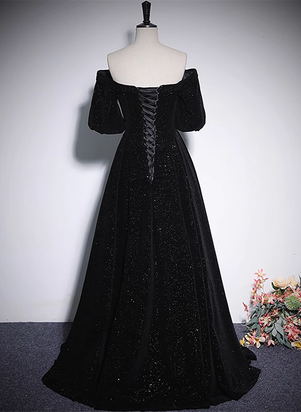 Black V-neckline Velvet Off Shoulder Party Dress, A-line Black Prom Dress Evening Dress