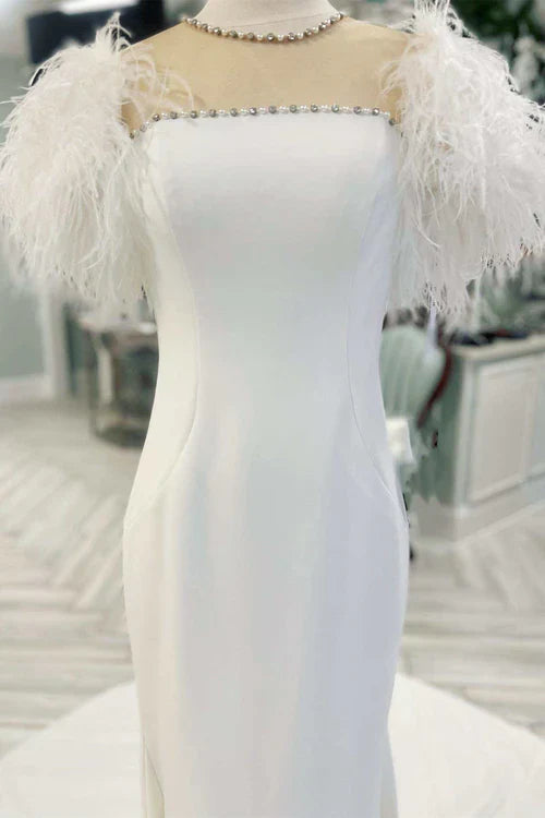 Aimishang Elegant White Feather Illusion Neck Mermaid Long Wedding Dress