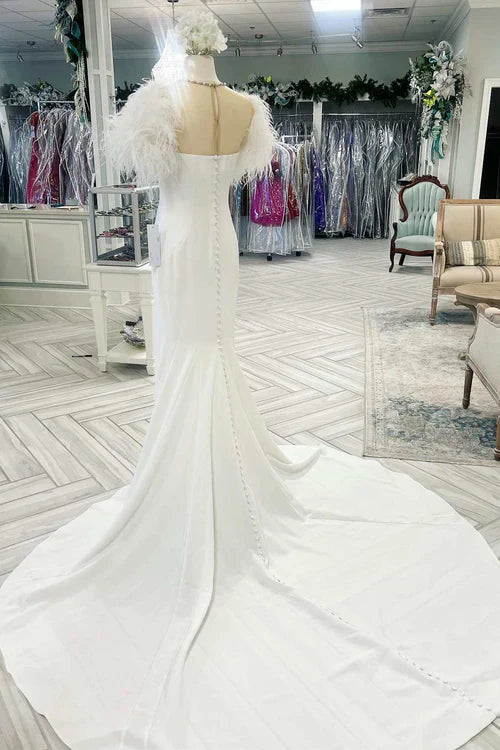 Aimishang Elegant White Feather Illusion Neck Mermaid Long Wedding Dress