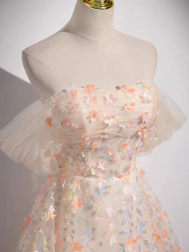 A-Line Off Shoulder Tulle Lace Champagne Long Prom Dress, Champagne Formal Dress