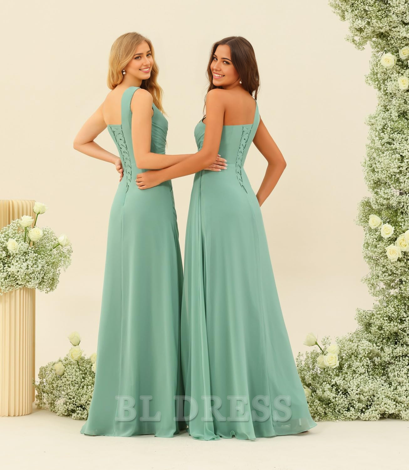 A-line One Shoulder Ruched Waist Chiffon formal dresses Bridesmaid Dresses evening gown Prom Dress with Slit