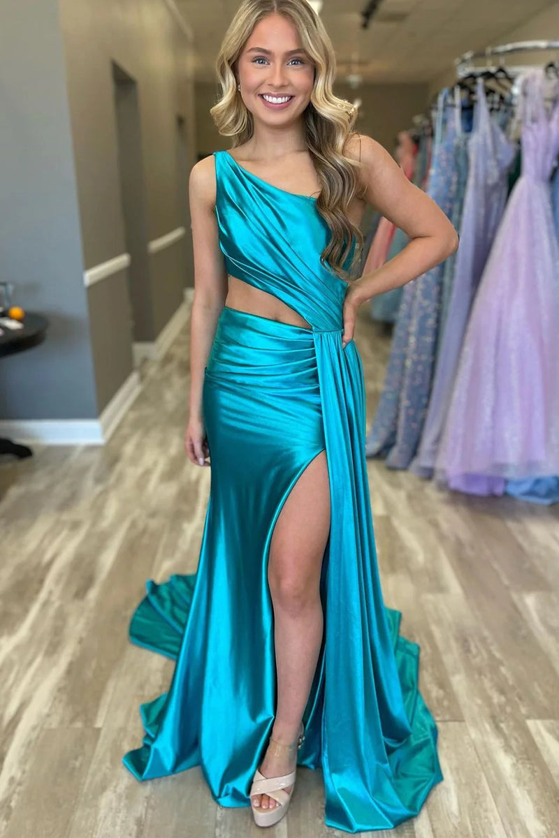  Charming Mermaid One Shoulder Satin Prom Dresses with Slit