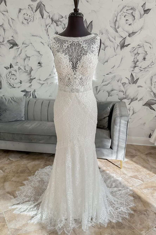 Aimishang Elegant White Lace Open Back Mermaid Long Wedding Dress