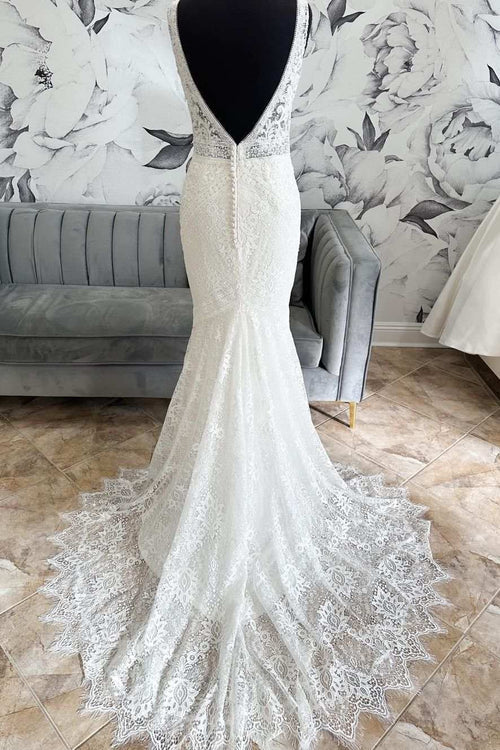 Aimishang Elegant White Lace Open Back Mermaid Long Wedding Dress