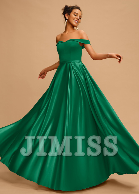 A-line off-the-shoulder floor-length satin prom dress