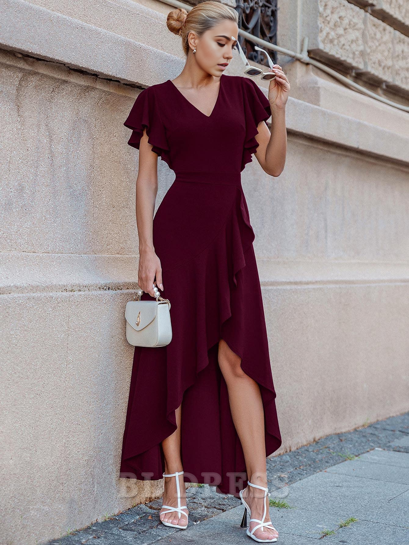 A-line V Neck Ruffle Split formal dresses Bridesmaid Dresses evening gown Prom Dress