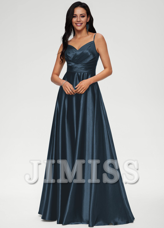 A-line V-neck floor-length satin prom dress
