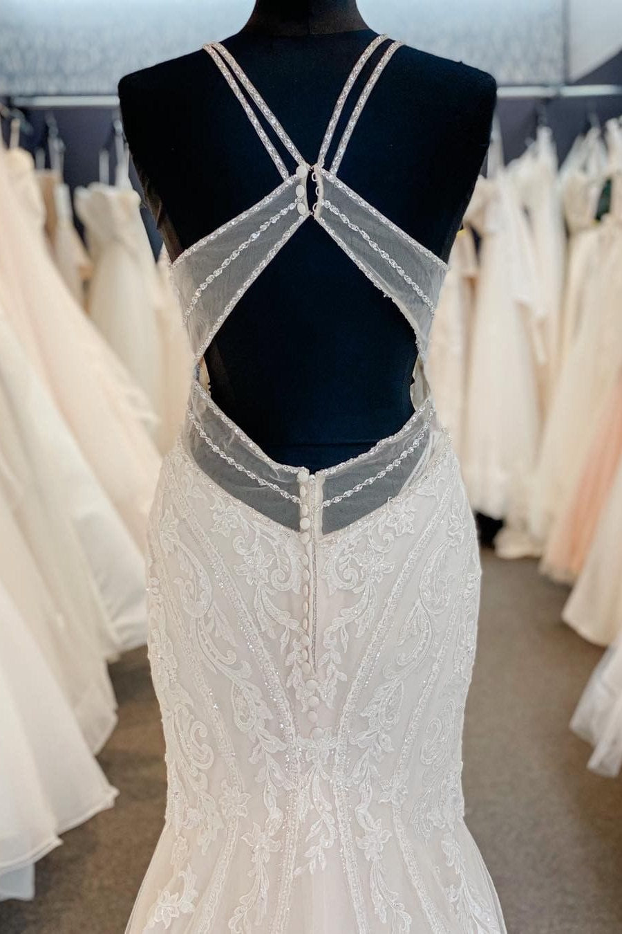 Straps Mermaid Lace White Long Wedding Dress