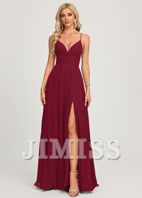 A-line V-neck pleated floor-length chiffon prom dress