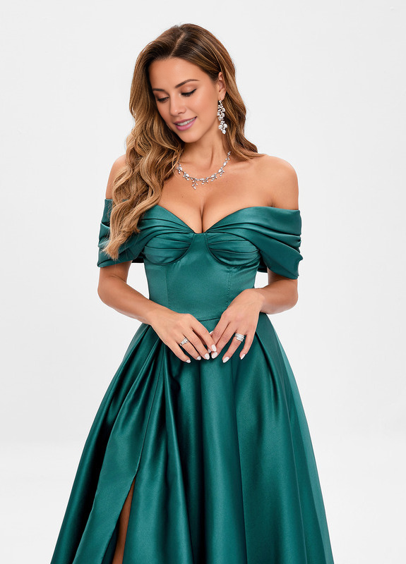 A-line pleated off-the-shoulder floor-length satin prom dress