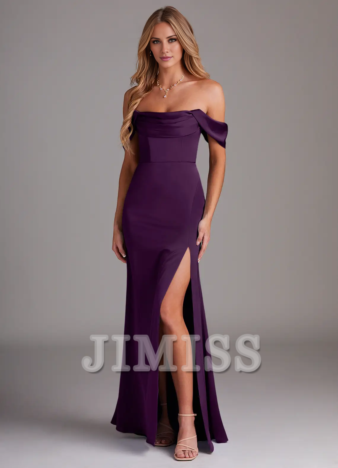 Off Shoulder Side Split Satin and Floor length Bridesmaid Dress - Jimiss Dress