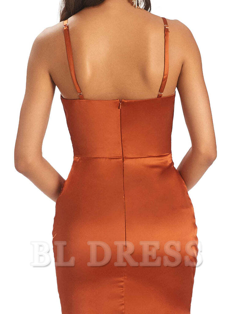 Sheath V-Neck Spaghetti Straps Satin Pleats Side Slit formal dresses evening gown Bridesmaid Dresses