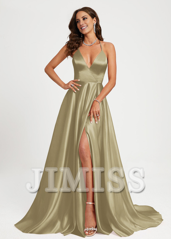 A-line V-neck floor-sweeping satin prom dress