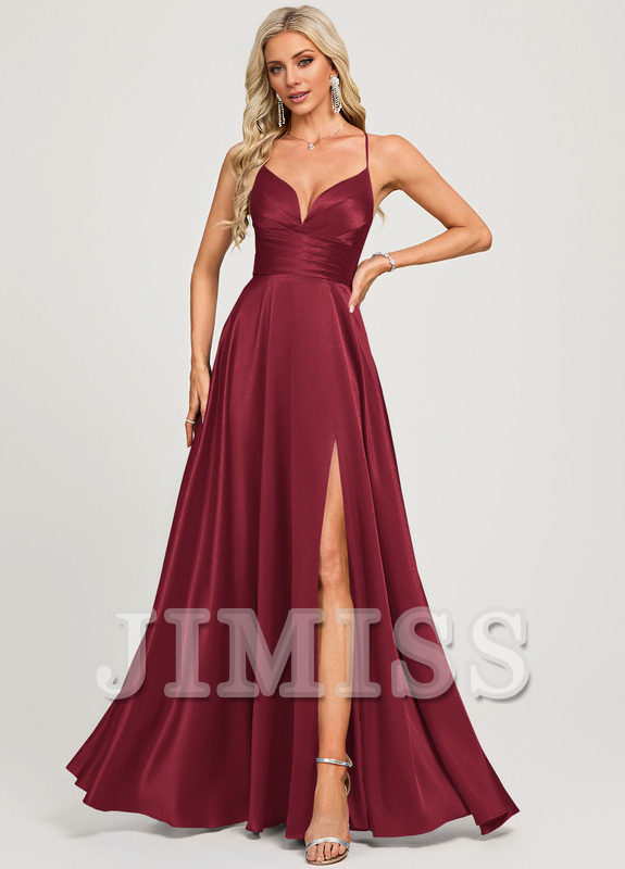 A-line V-neck floor-length pleated satin prom dress
