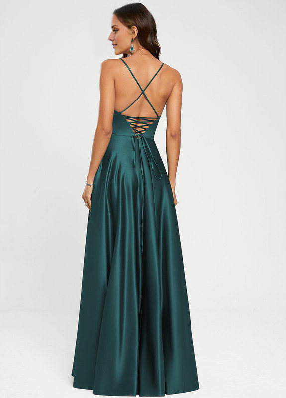 A-line V-neck floor-length satin prom dress