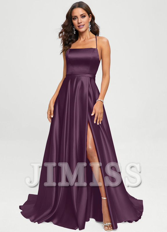 A-shaped square sweeping trailing satin Prom dress
