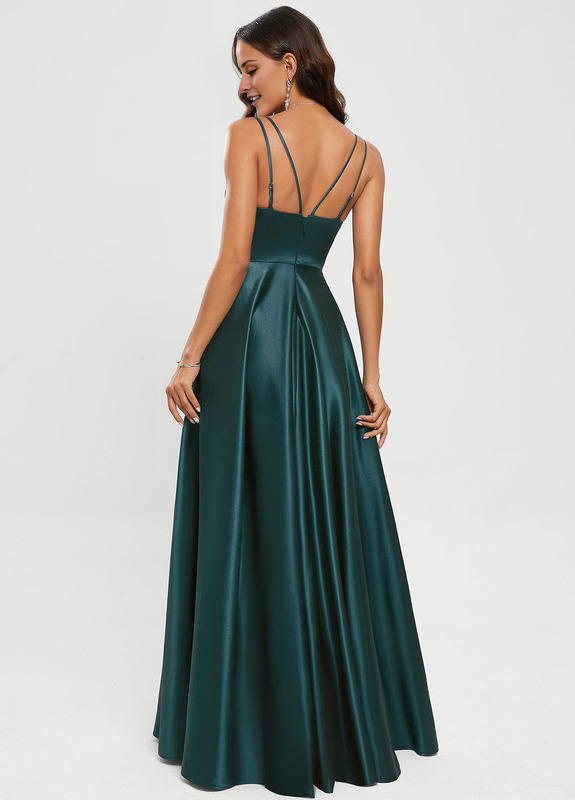 A-line V-neck floor-length satin prom dress