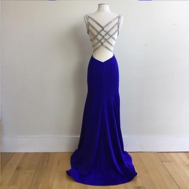 Royal Blue Satin V Neck Mermaid Evening Dresses With Cross Back