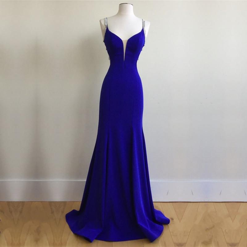 Royal Blue Satin V Neck Mermaid Evening Dresses With Cross Back