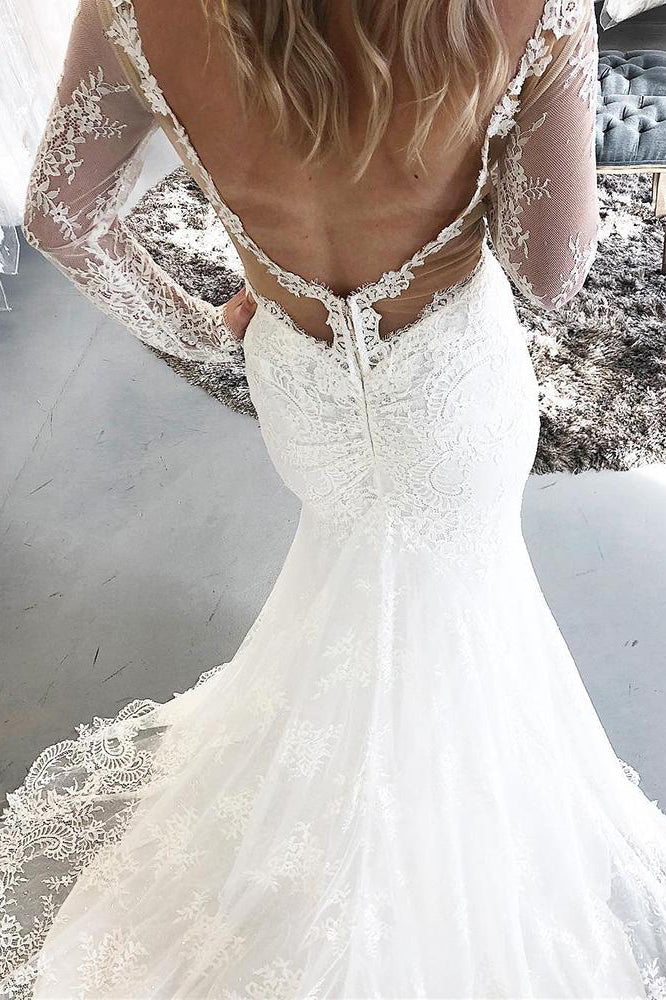Long Sleeves Mermaid V-Neck Ivory Wedding Dress with Lace