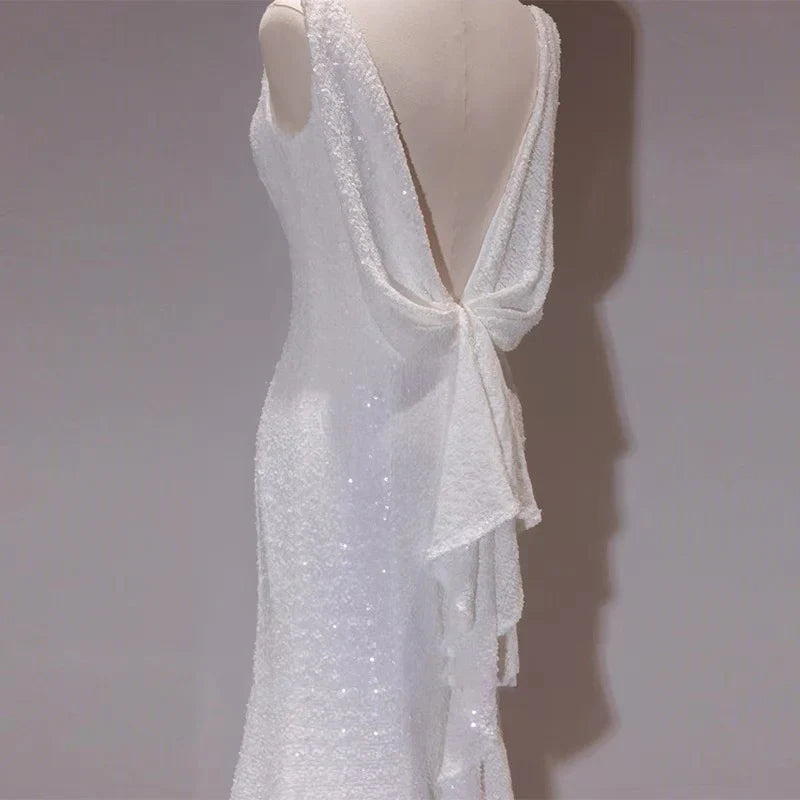 Aimishang Elegant Evening Gowns Prom Dresses White Sequin Mermaid Wedding Dress Formal Birthday Party Dress