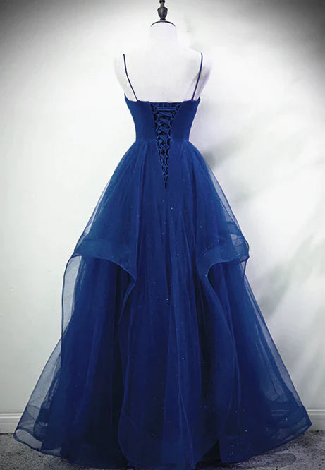Blue A-line Straps Tulle Layers Long Party Dress Long Prom Dress Elegant Evening Dress Wholesale