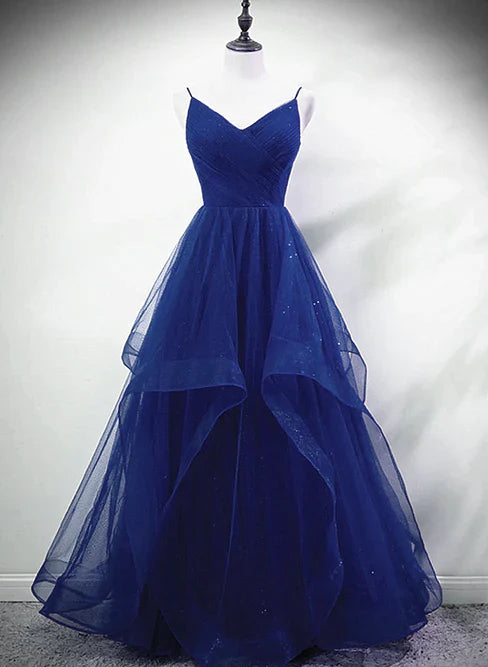 Blue A-line Straps Tulle Layers Long Party Dress Long Prom Dress Elegant Evening Dress Wholesale