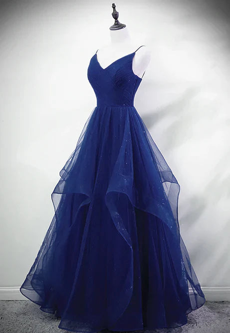 Blue A-line Straps Tulle Layers Long Party Dress Long Prom Dress Elegant Evening Dress Wholesale