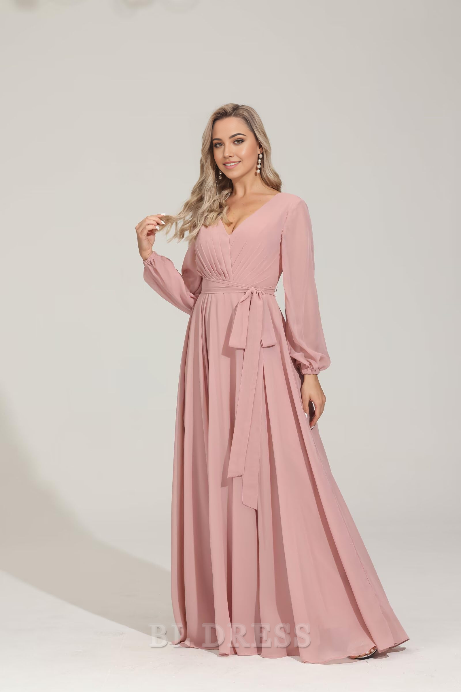 A-line V Neckes Long Sleeve Chiffon formal dresses Bridesmaid Dresses evening gown Prom Dress