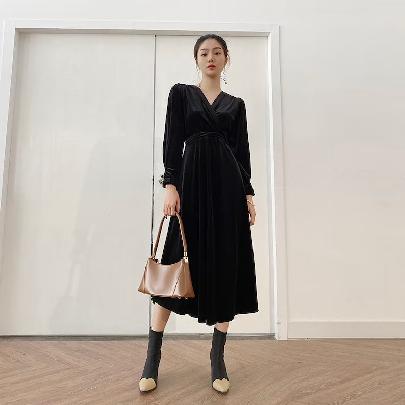 Aimishang Elegant Velvet Dress Ruched Long Sleeve Formal Dress for Wedding Guest