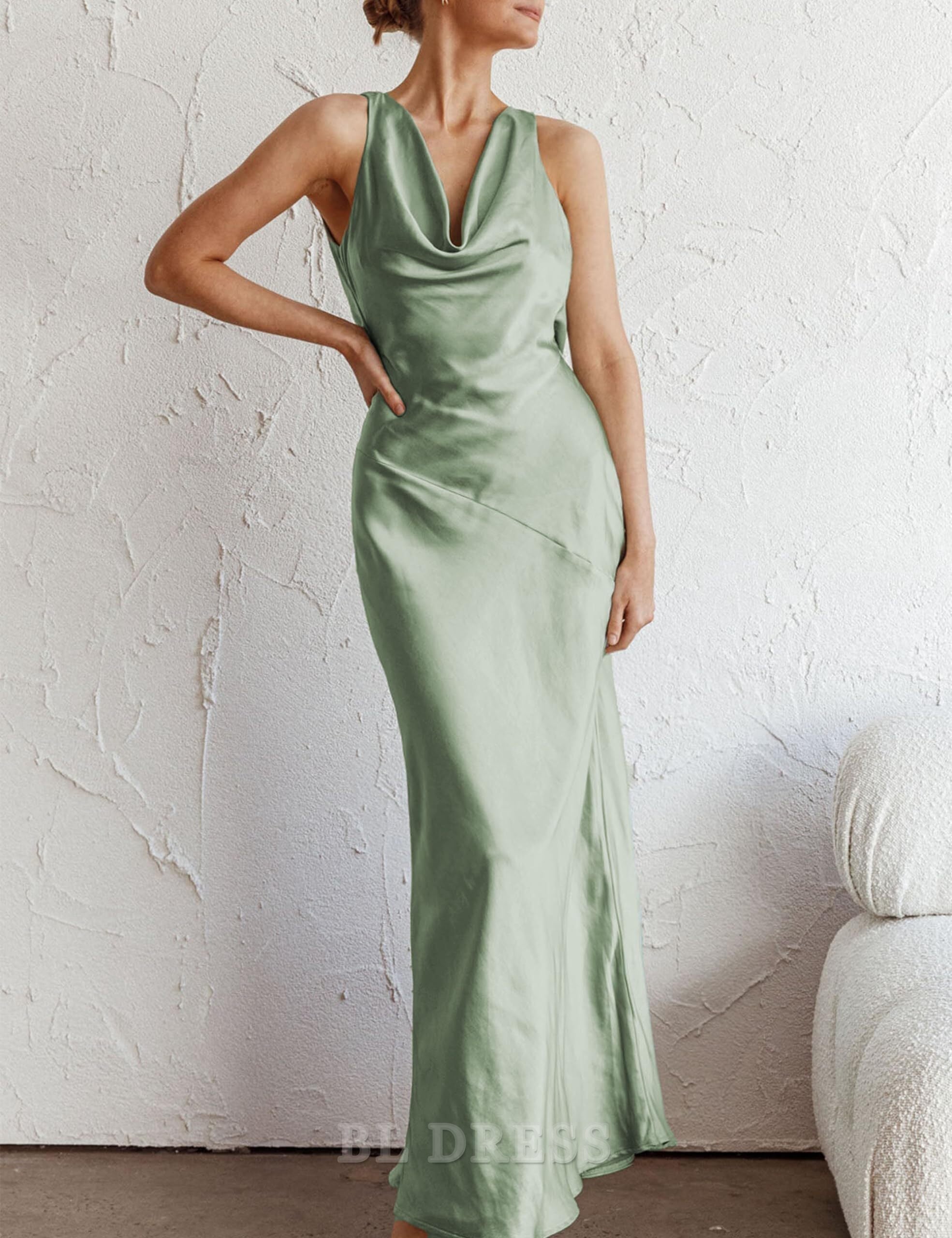 Sheath Cowl Neck Sleeveless Backless Open Back Satin formal dresses Bridesmaid Dresses evening gown Prom Dress