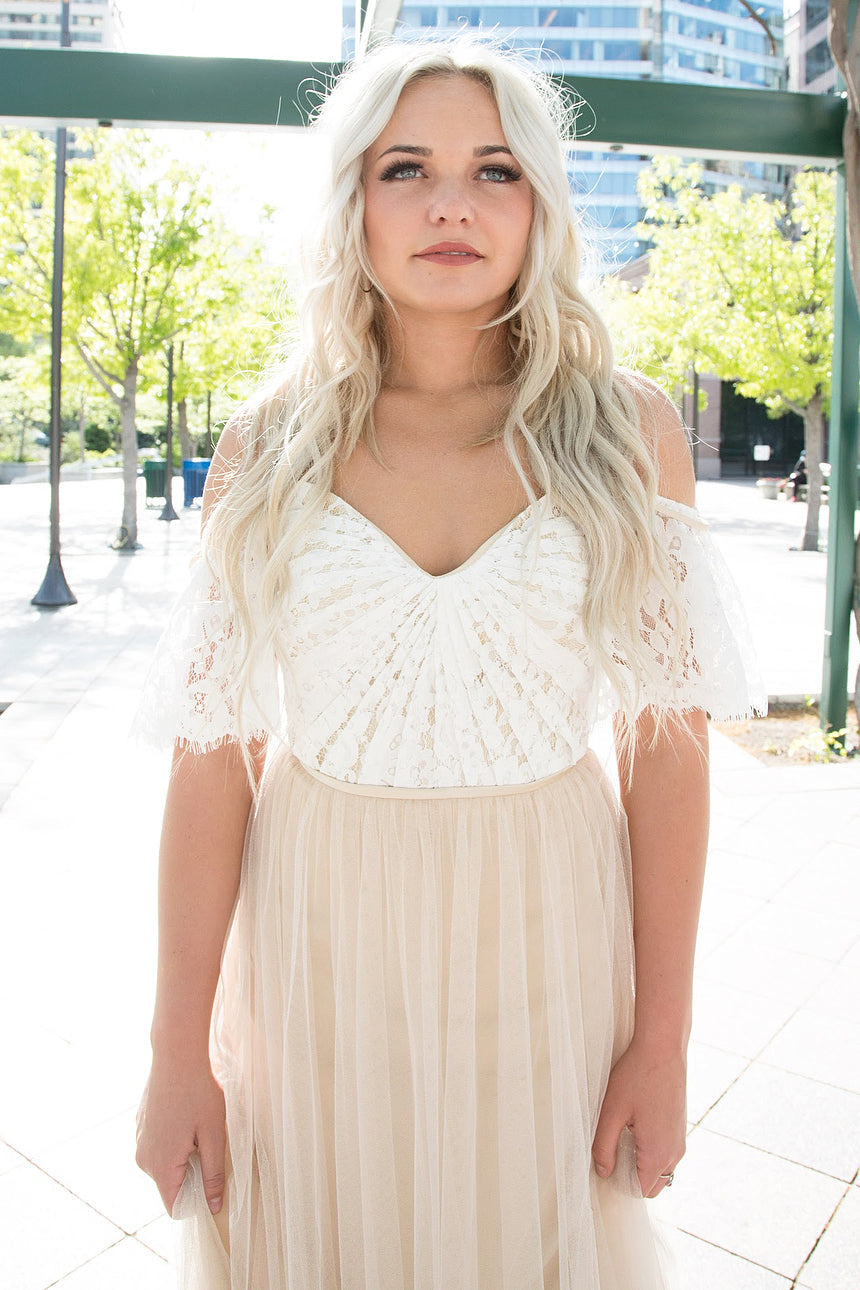 Long A-line Cold Sleeves White and Beige Wedding Dress