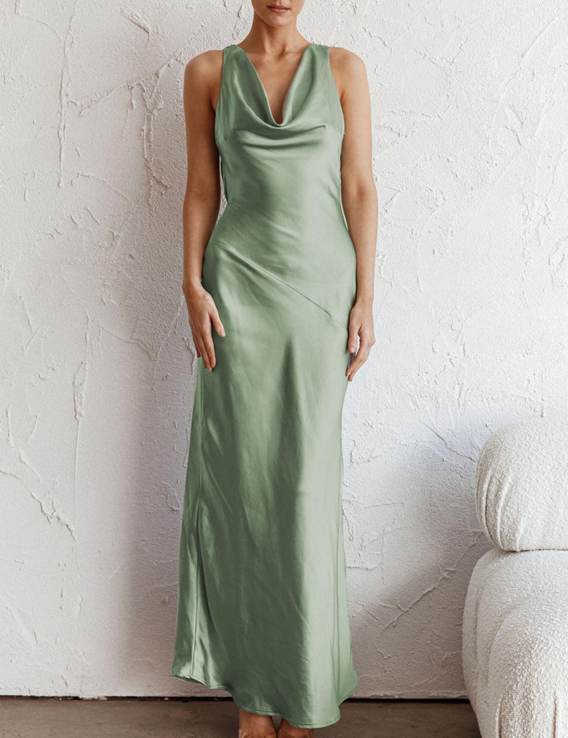 Sheath Cowl Neck Sleeveless Backless Open Back Satin formal dresses Bridesmaid Dresses evening gown Prom Dress