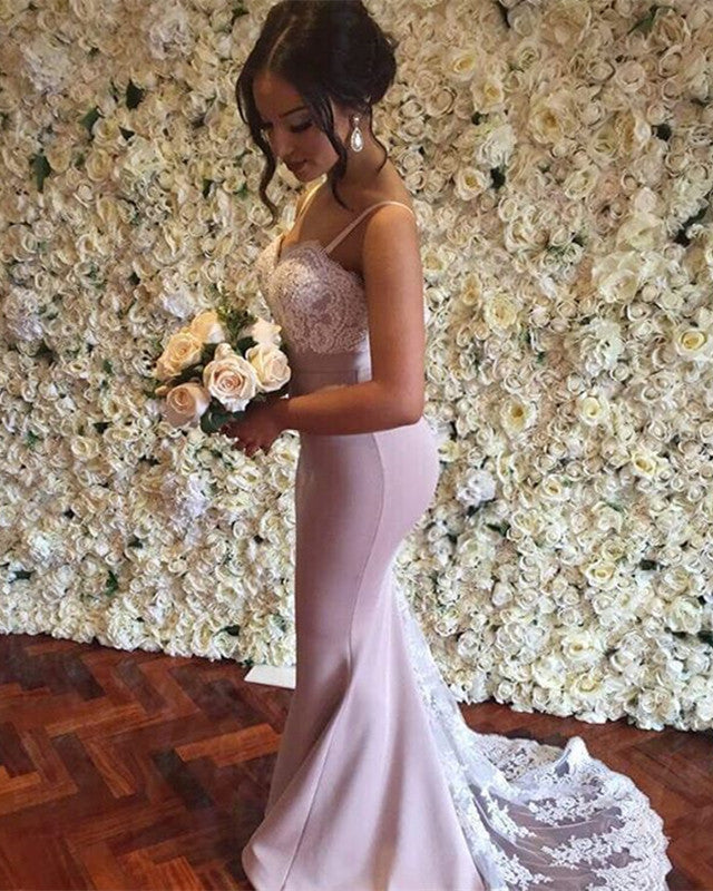 White Lace Appliques Sweetheart Long Mermaid Bridesmaid Dress