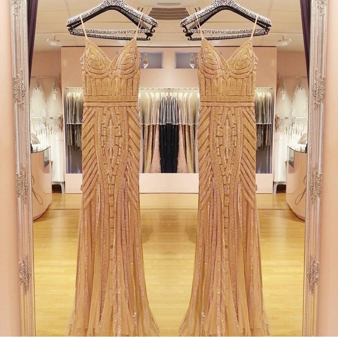 V Neck Long Tulle Mermaid Evening Dresses With Gold Beading