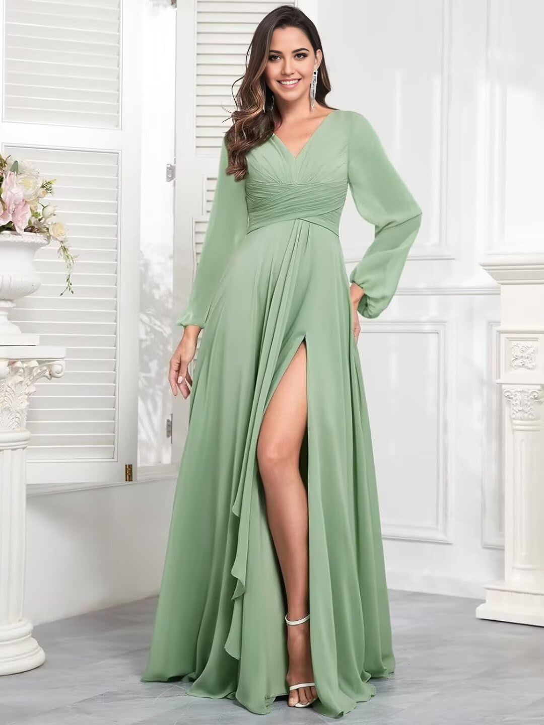 A-line V Neck Chiffon Sleeves Long Ruffle Formal formal dresses Bridesmaid Dresses evening gown Prom Dress